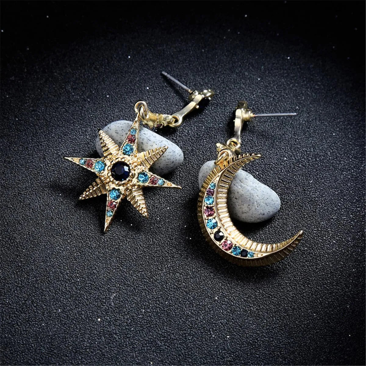 Red & Blue Cubic Zirconia Asymmetrical Space Drop Earrings