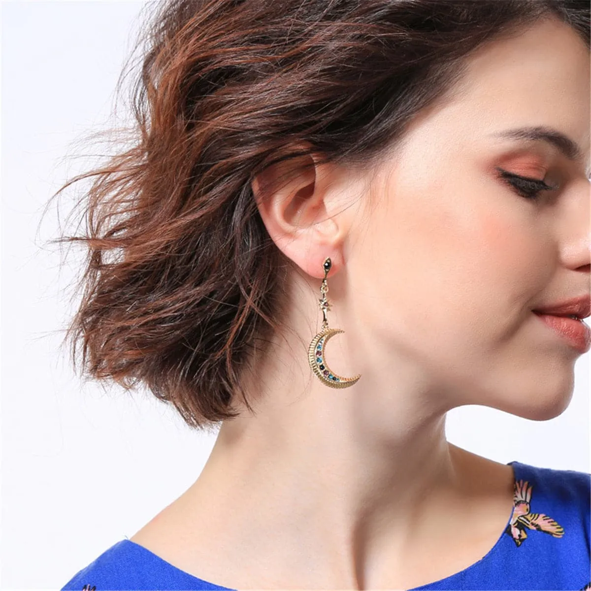 Red & Blue Cubic Zirconia Asymmetrical Space Drop Earrings