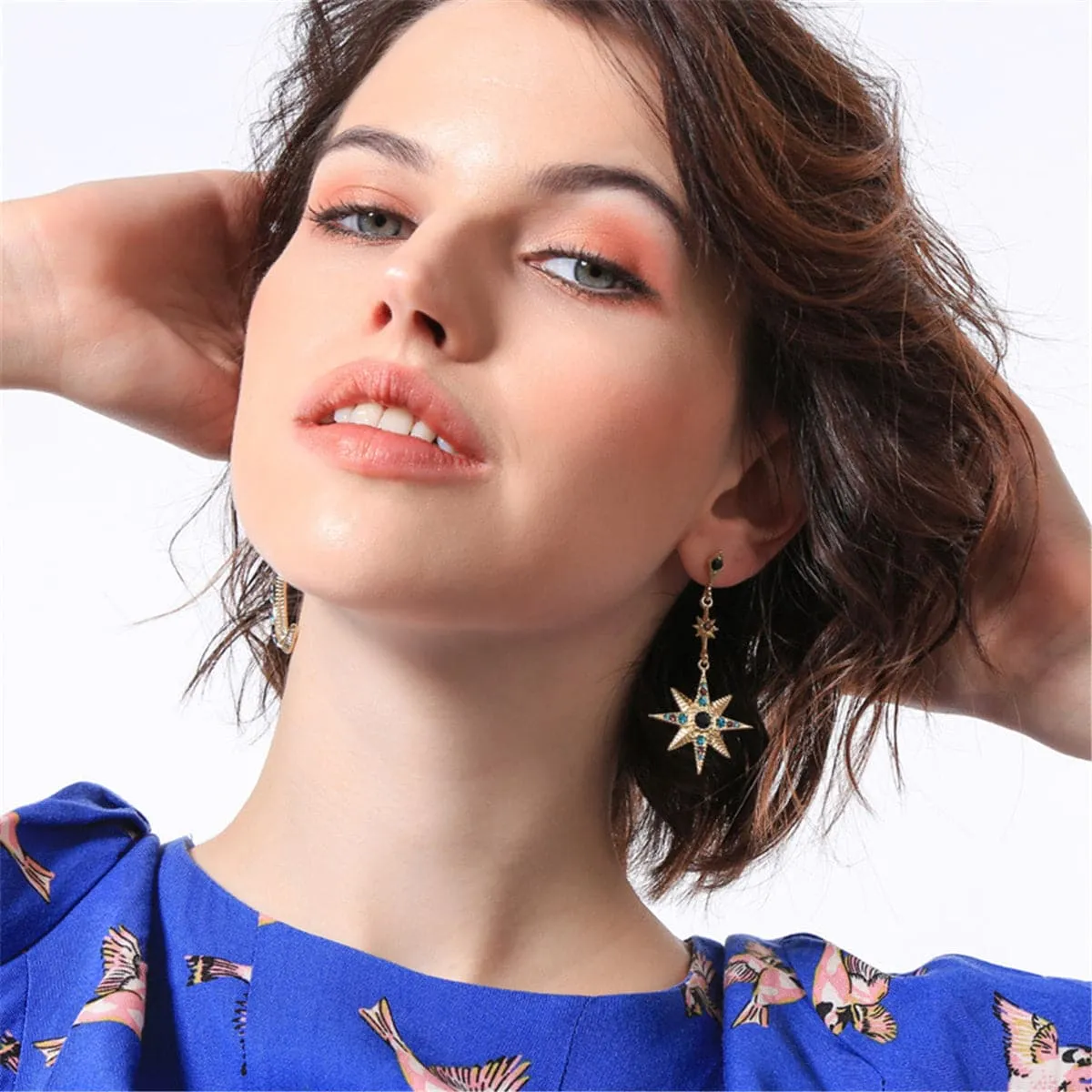 Red & Blue Cubic Zirconia Asymmetrical Space Drop Earrings