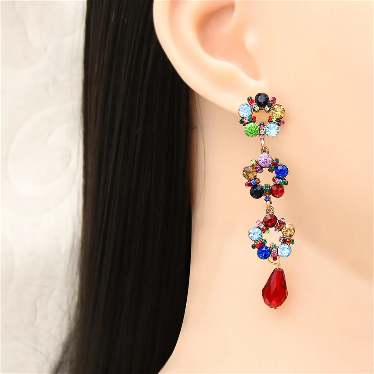 Red & Blue Cubic Zirconia Linked Circle Drop Earrings