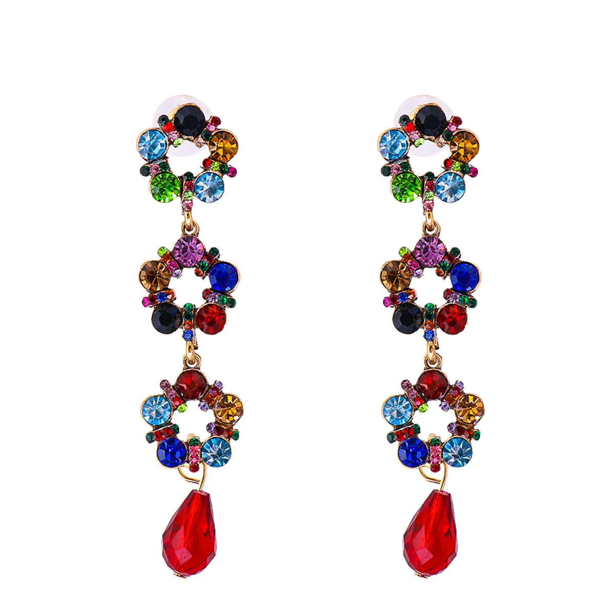 Red & Blue Cubic Zirconia Linked Circle Drop Earrings