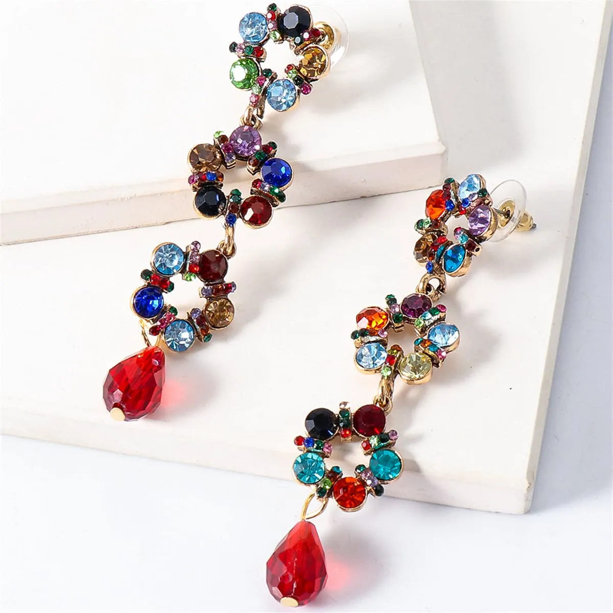 Red & Blue Cubic Zirconia Linked Circle Drop Earrings