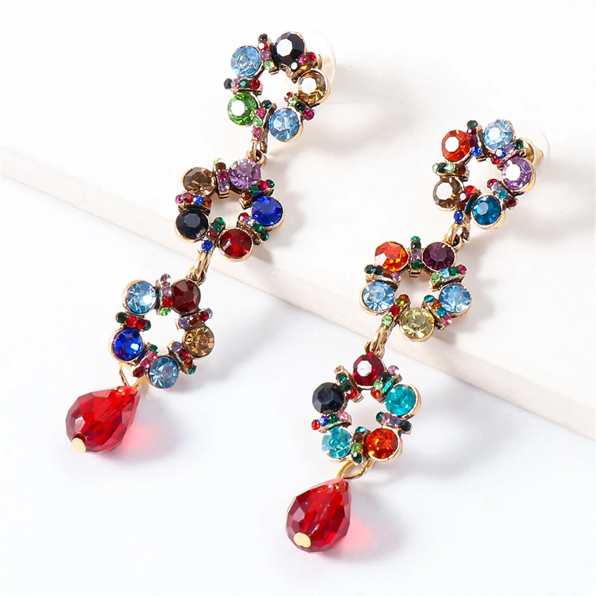 Red & Blue Cubic Zirconia Linked Circle Drop Earrings