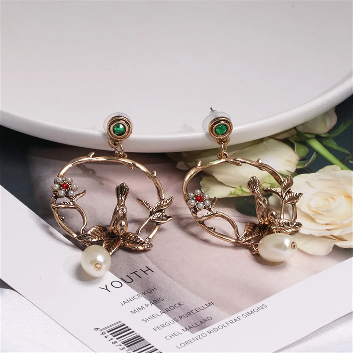 Red & Green Cubic Zirconia Pearl Bird Drop Earrings