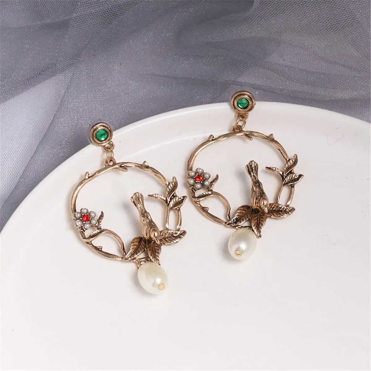 Red & Green Cubic Zirconia Pearl Bird Drop Earrings
