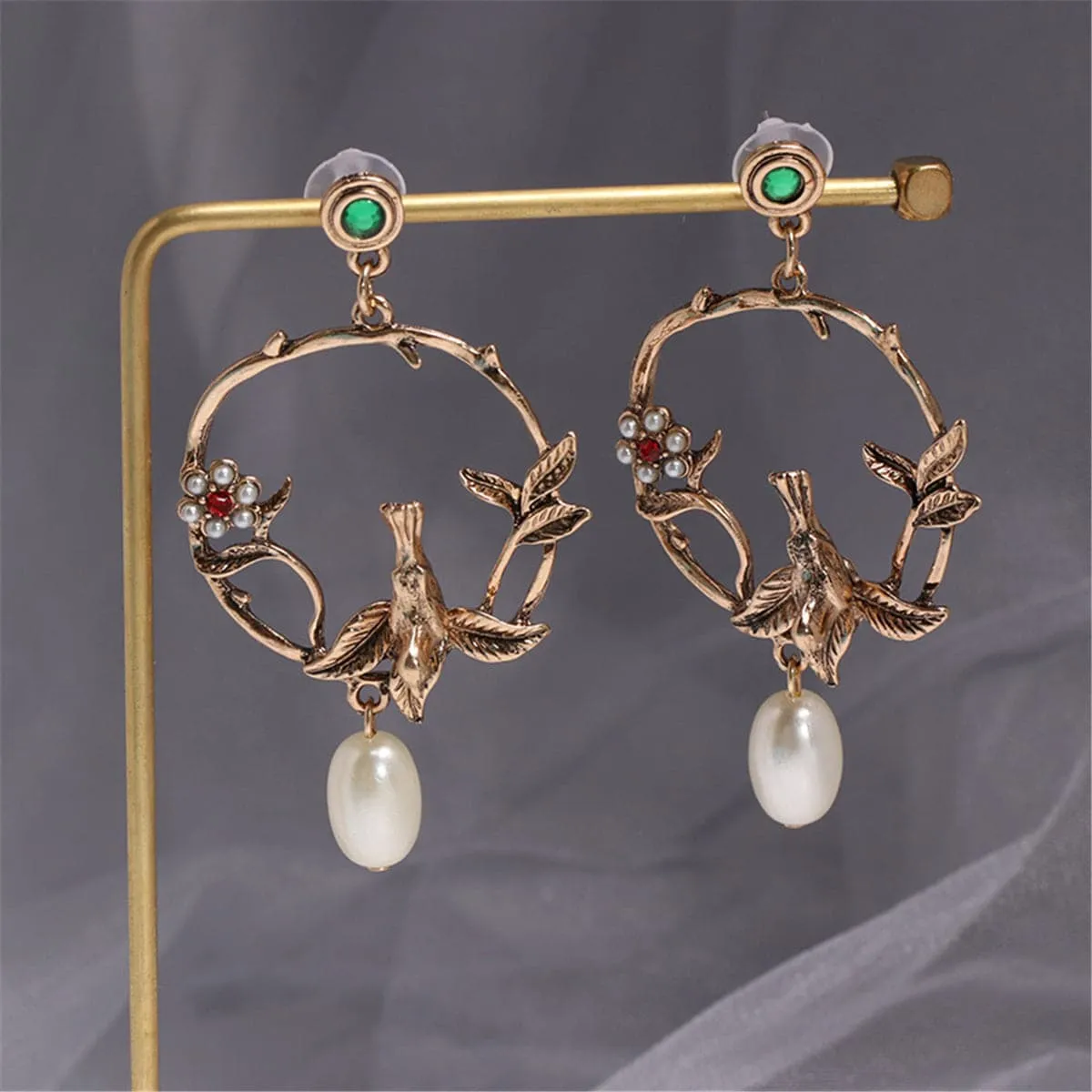 Red & Green Cubic Zirconia Pearl Bird Drop Earrings