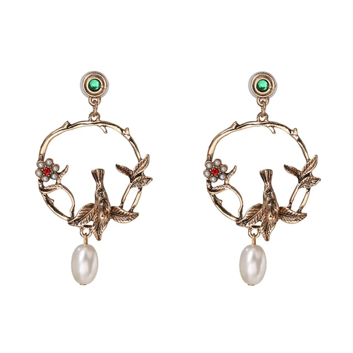 Red & Green Cubic Zirconia Pearl Bird Drop Earrings