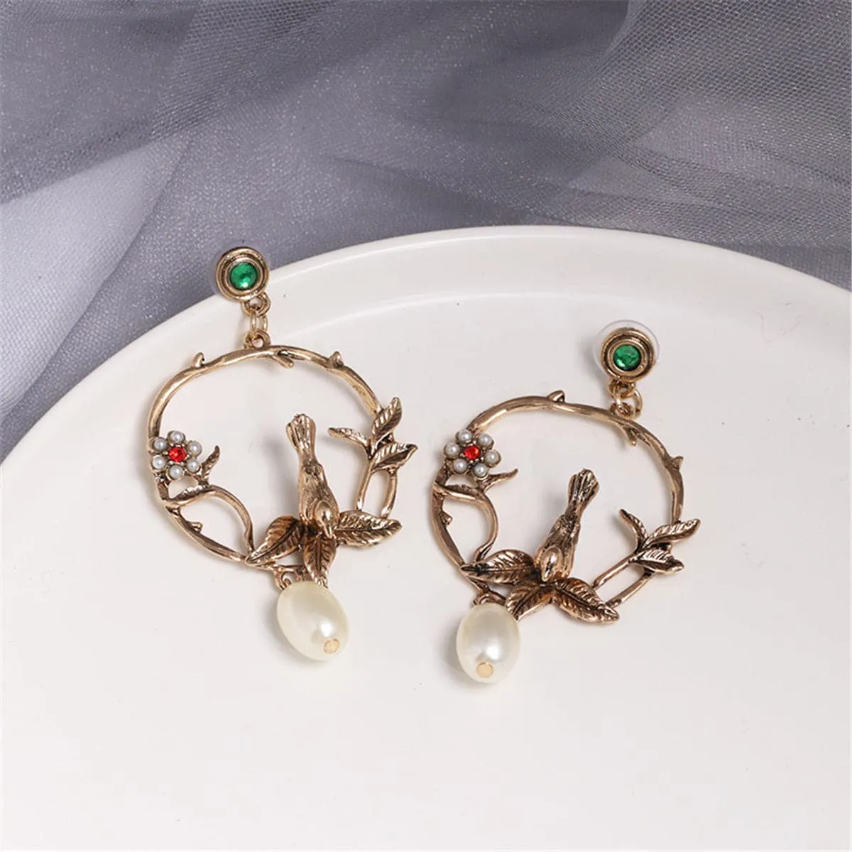 Red & Green Cubic Zirconia Pearl Bird Drop Earrings