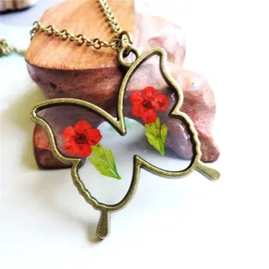 Red & Green Pressed Flower Butterfly Pendant Necklace