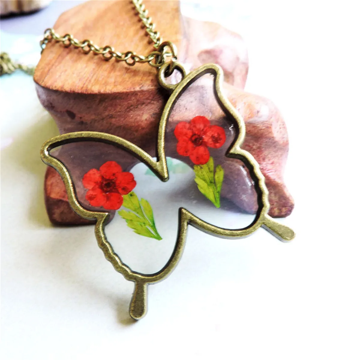 Red & Green Pressed Flower Butterfly Pendant Necklace