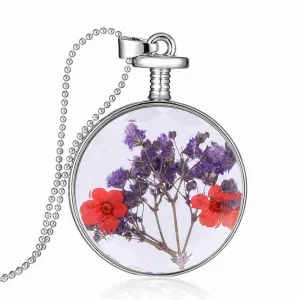 Red & Purple Pressed Peach Flower Round Pendant Necklace
