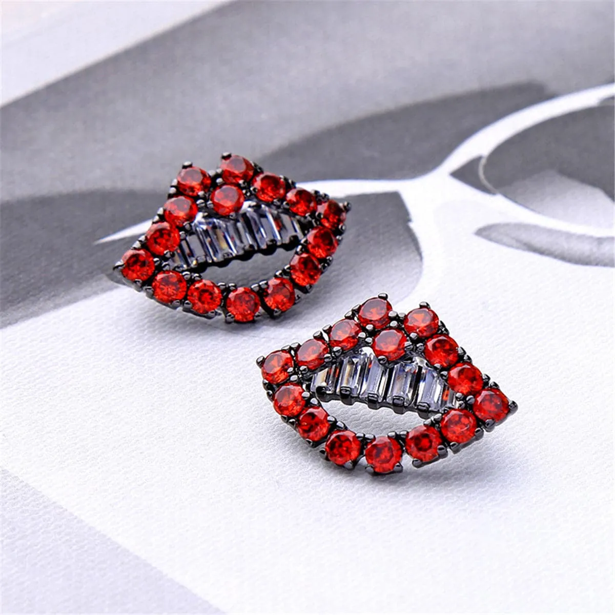 Red & Silver-Plated Lips Stud Earrings With Swarovski Crystals