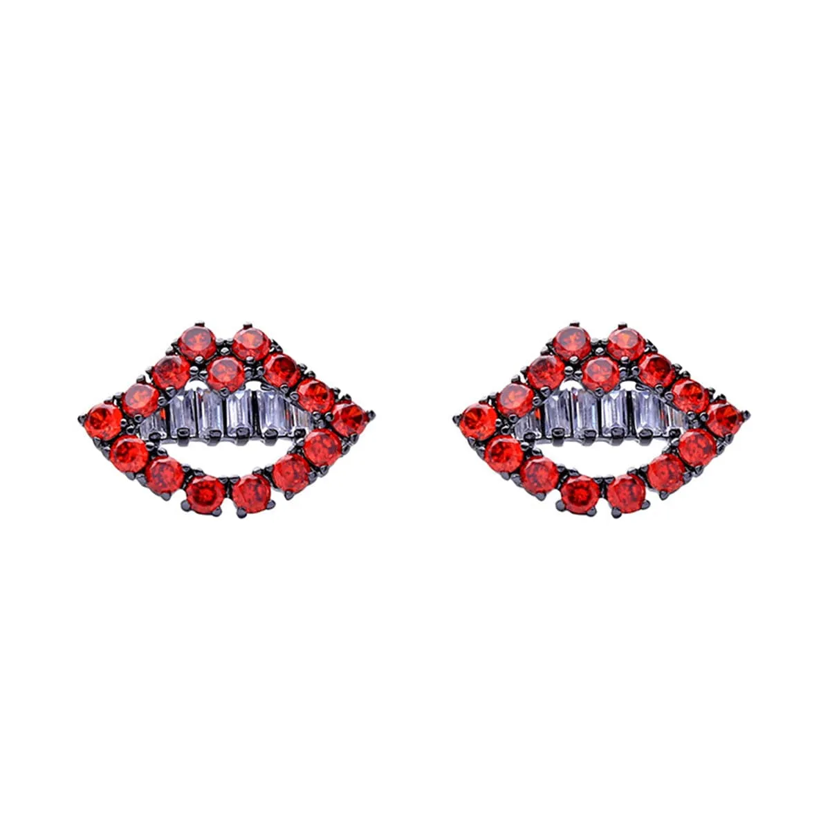 Red & Silver-Plated Lips Stud Earrings With Swarovski Crystals