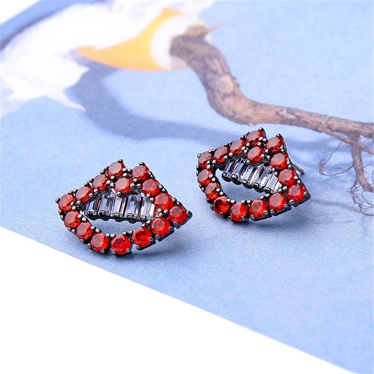 Red & Silver-Plated Lips Stud Earrings With Swarovski Crystals
