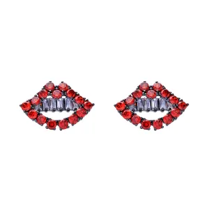 Red & Silver-Plated Lips Stud Earrings With Swarovski Crystals