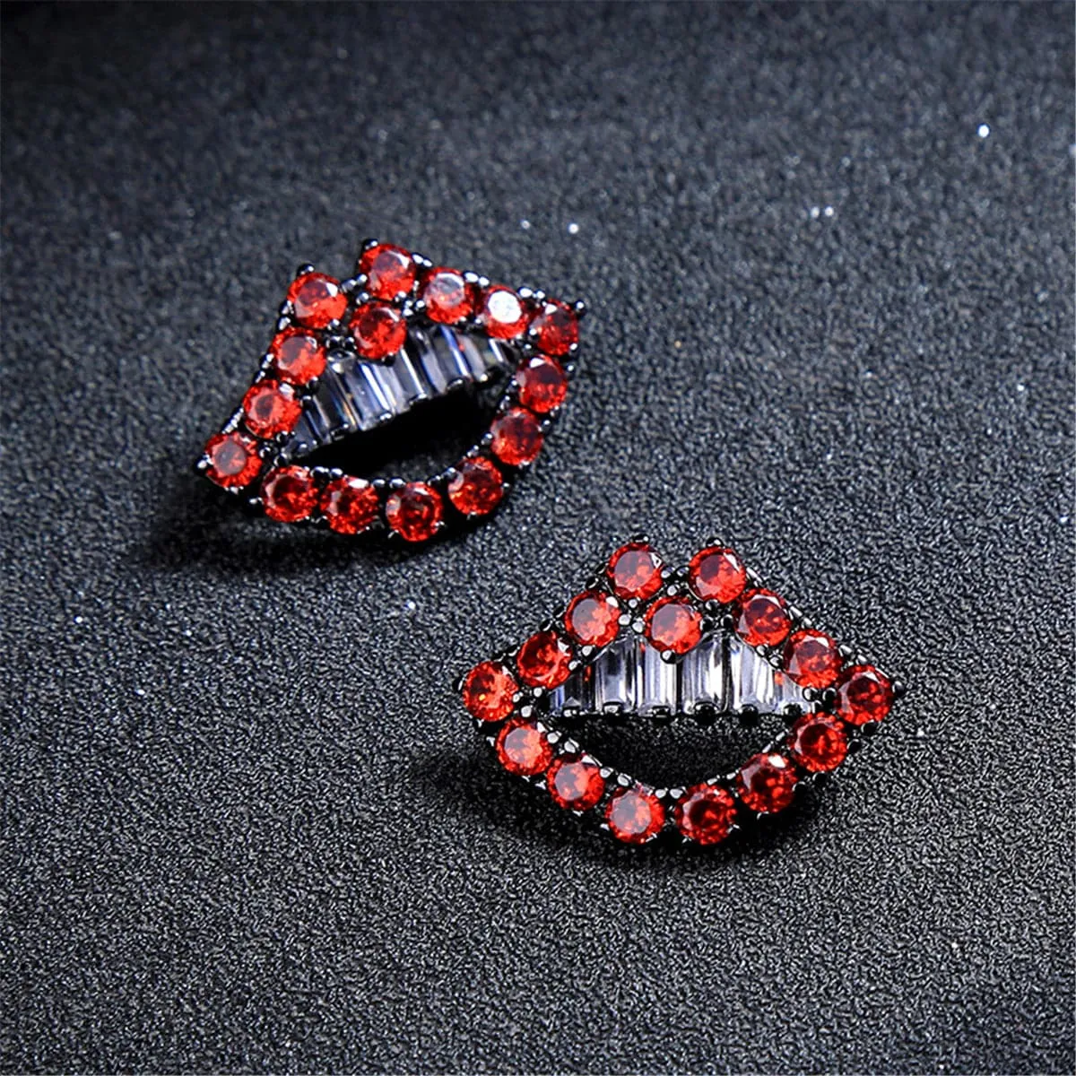 Red & Silver-Plated Lips Stud Earrings With Swarovski Crystals