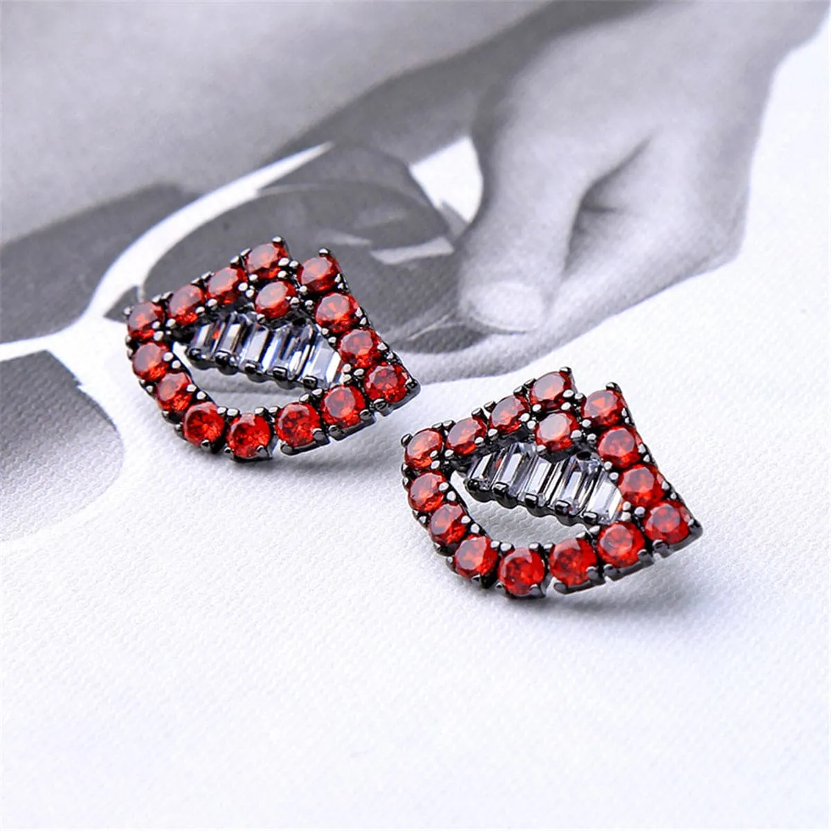 Red & Silver-Plated Lips Stud Earrings With Swarovski Crystals