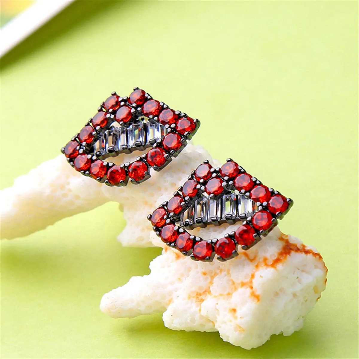 Red & Silver-Plated Lips Stud Earrings With Swarovski Crystals