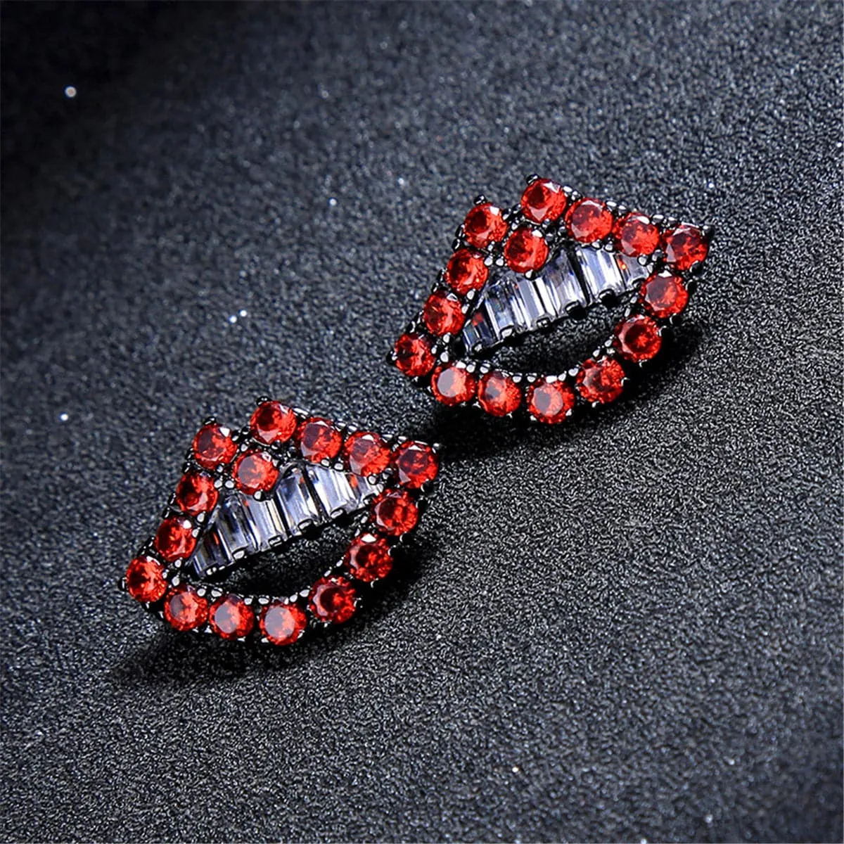 Red & Silver-Plated Lips Stud Earrings With Swarovski Crystals