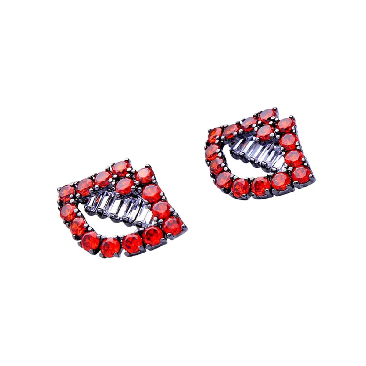 Red & Silver-Plated Lips Stud Earrings With Swarovski Crystals