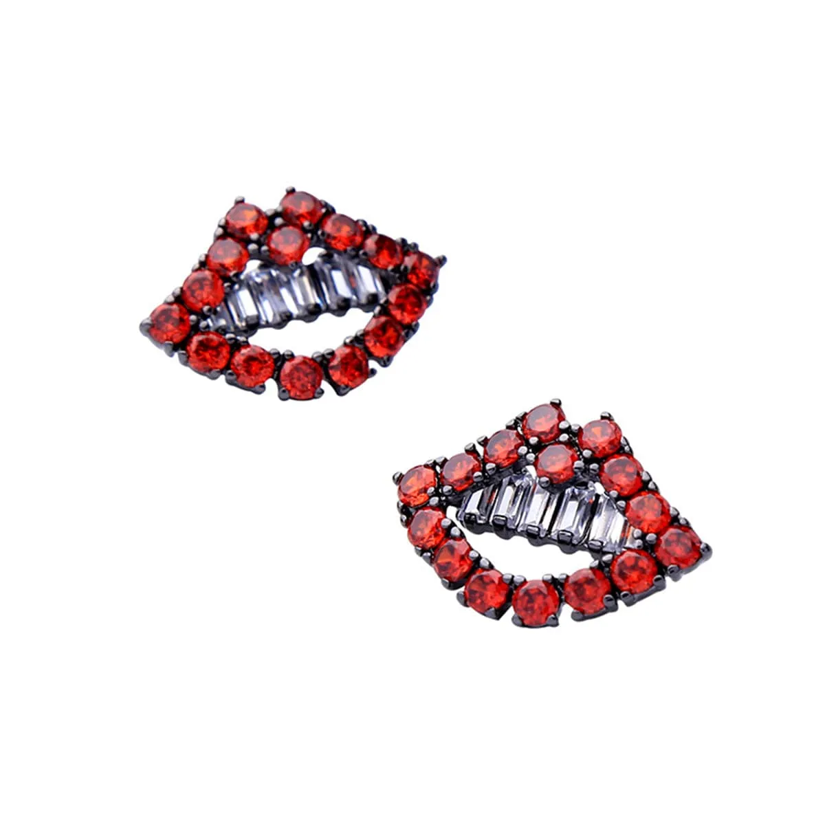 Red & Silver-Plated Lips Stud Earrings With Swarovski Crystals