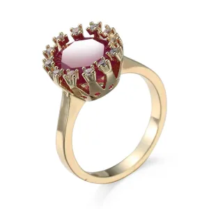 Red Corundum & Cubic Zirconia 18K Gold-Plated Floral Ring