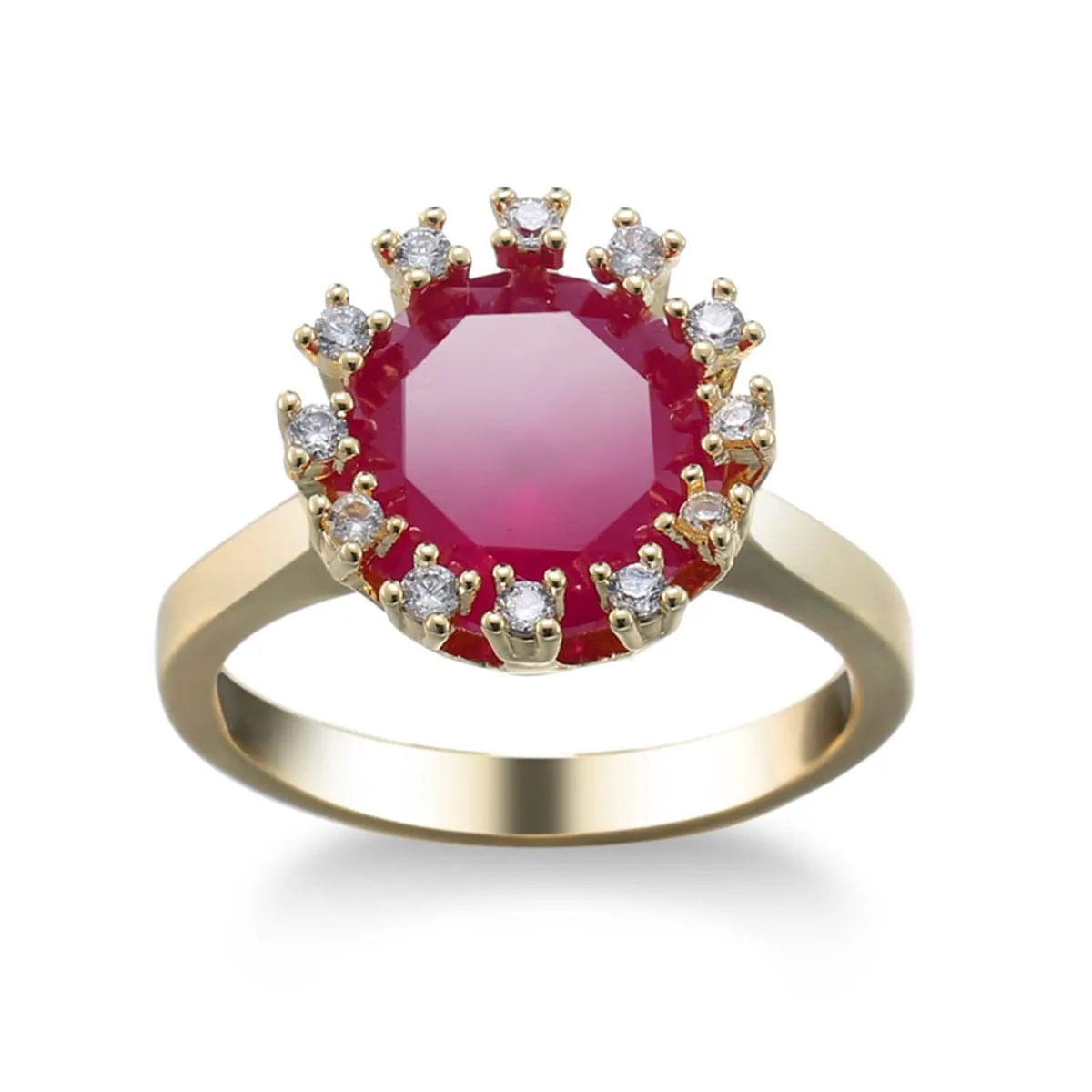 Red Corundum & Cubic Zirconia 18K Gold-Plated Floral Ring