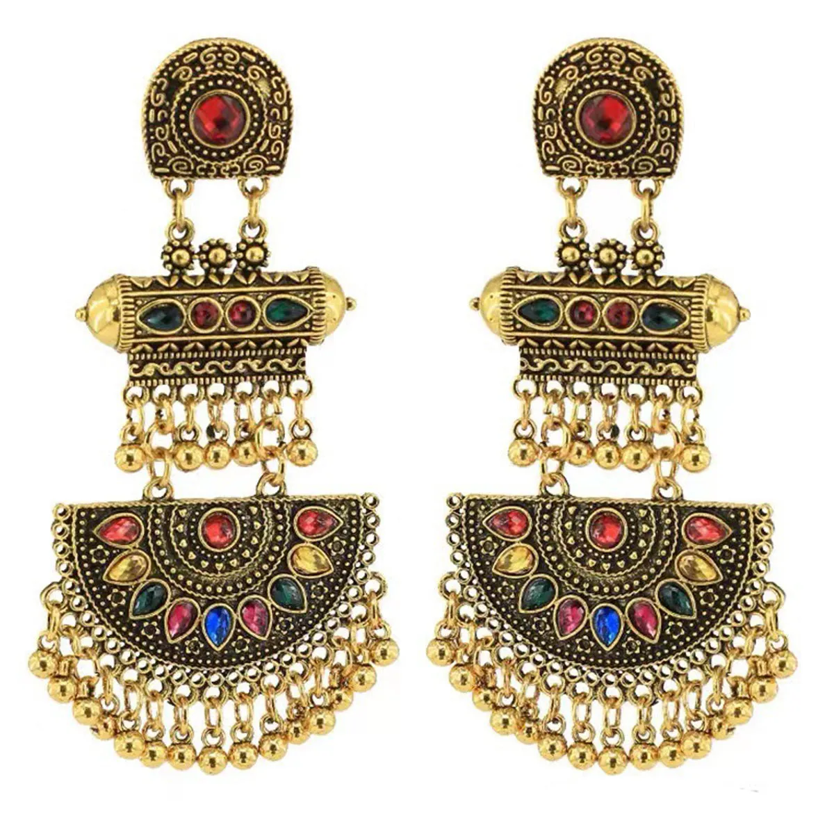 Red Crystal & 18K Gold-Plated Geometric Tassel Drop Earrings
