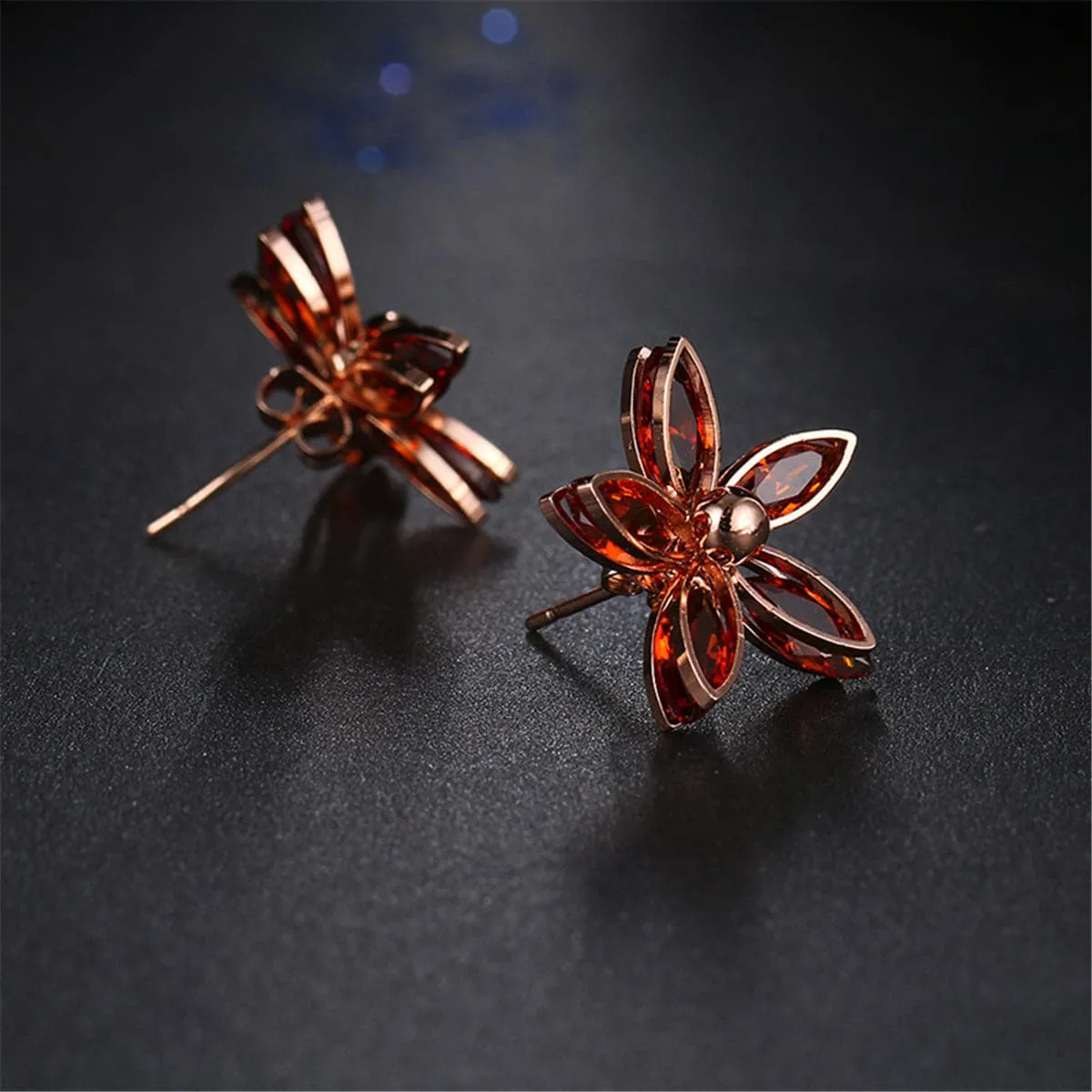 Red Crystal & 18K Rose Gold-Plated Floral Stud Earrings