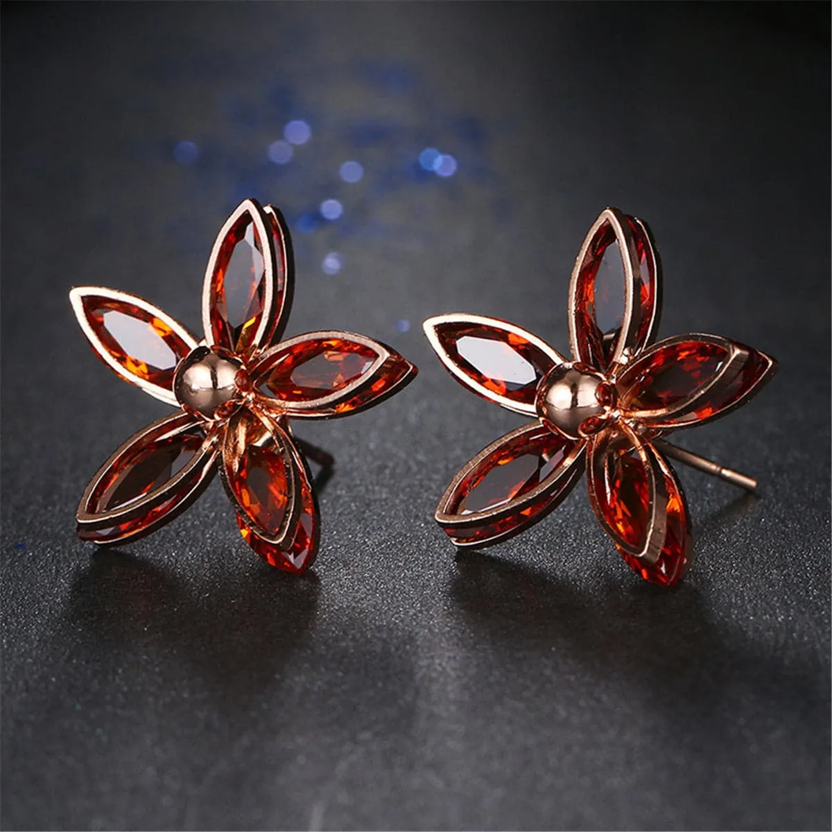 Red Crystal & 18K Rose Gold-Plated Floral Stud Earrings