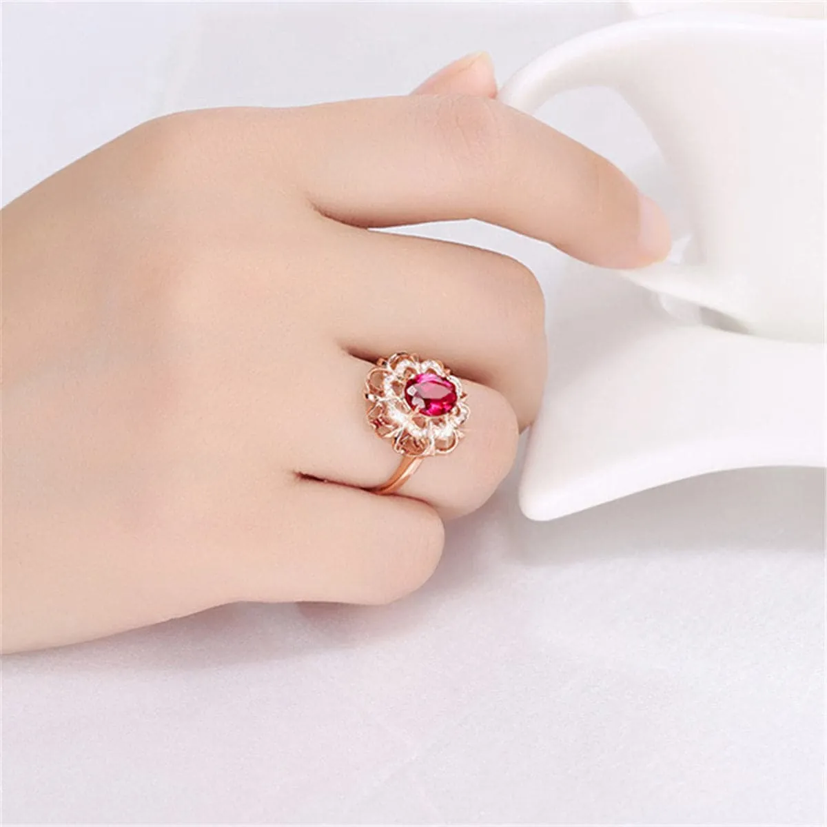 Red Crystal & Cubic Zirconia 18K Rose Gold-Plated Flower Club Ring