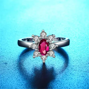Red Crystal & Cubic Zirconia Floral Adjustable Ring