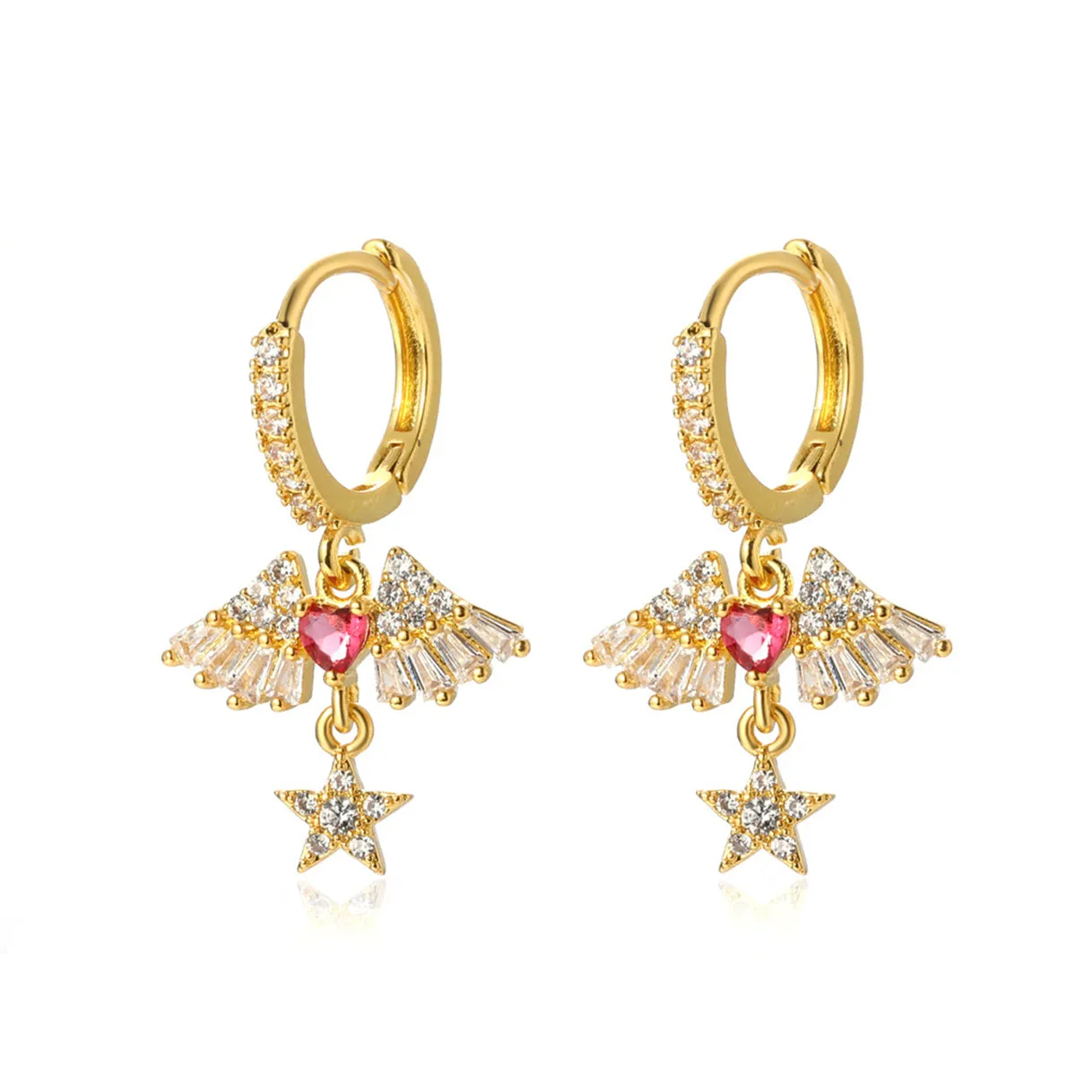 Red Crystal & Cubic Zirconia Heart Wing Drop Earrings
