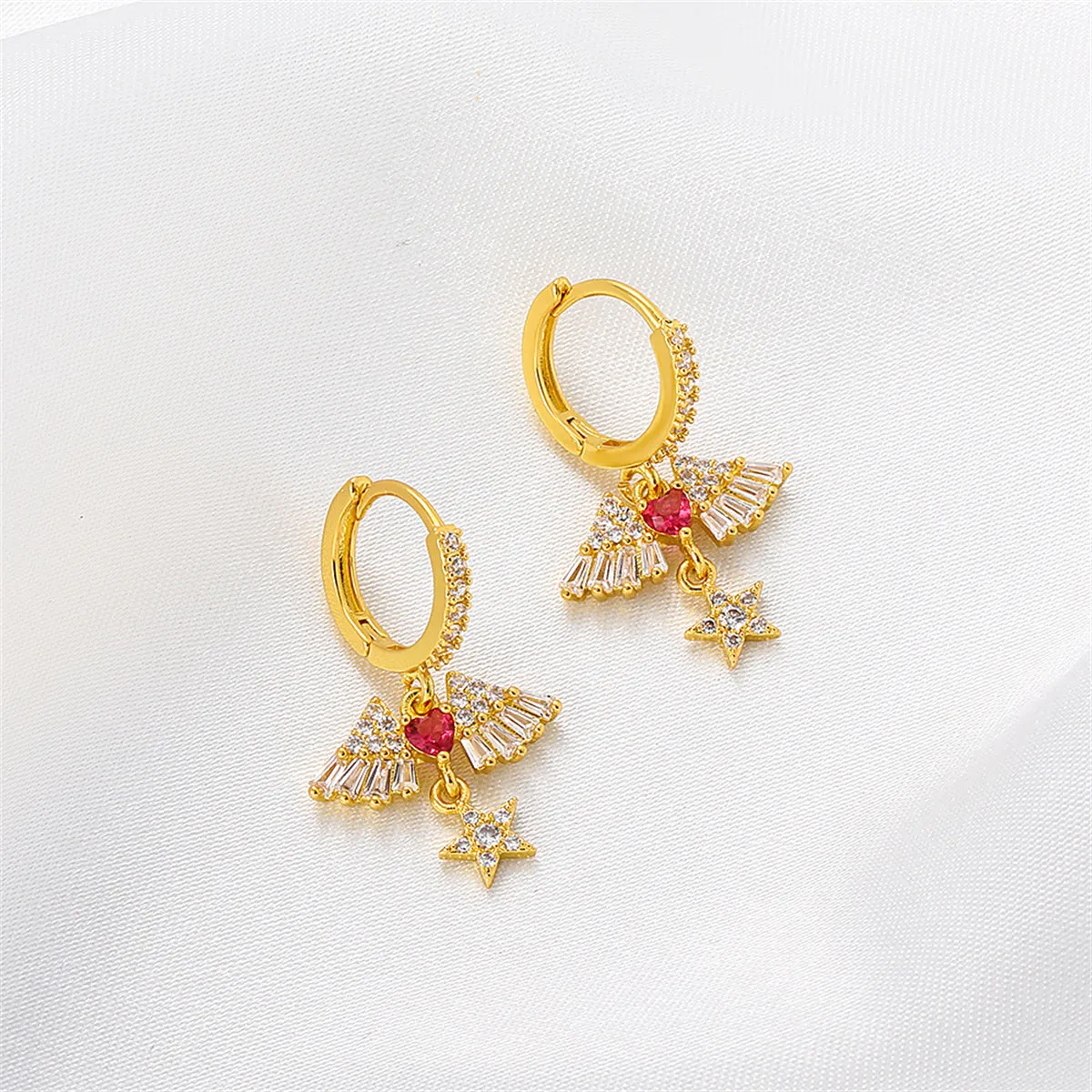 Red Crystal & Cubic Zirconia Heart Wing Drop Earrings