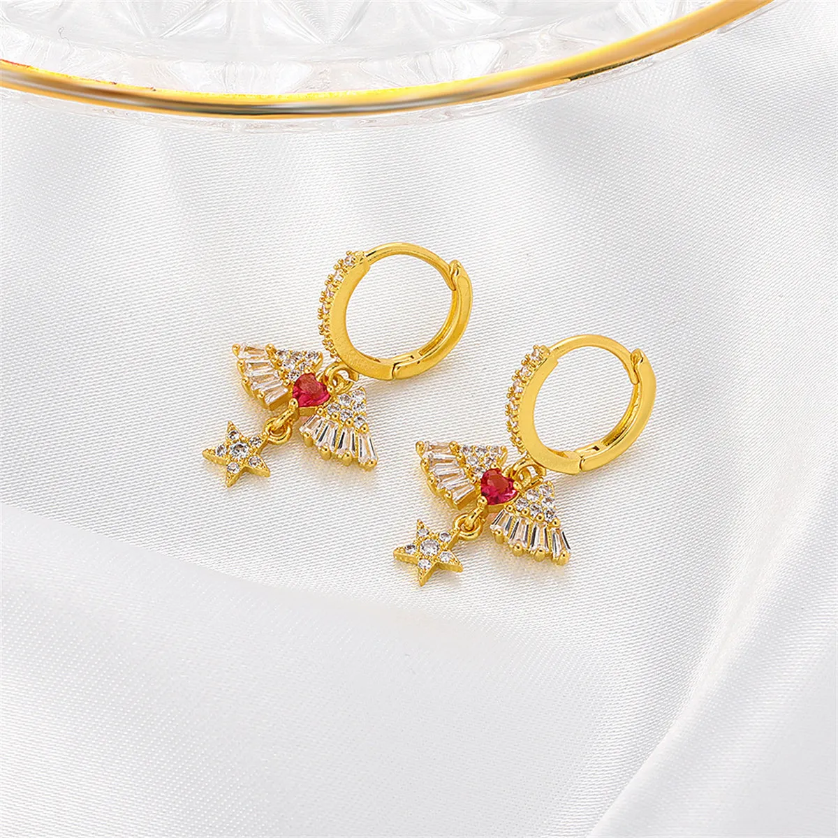 Red Crystal & Cubic Zirconia Heart Wing Drop Earrings