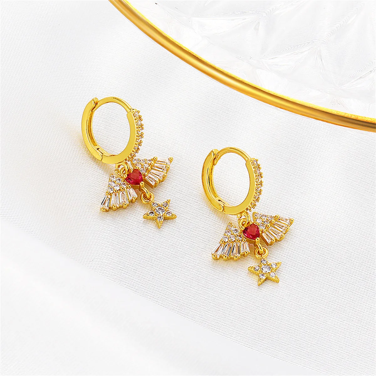 Red Crystal & Cubic Zirconia Heart Wing Drop Earrings
