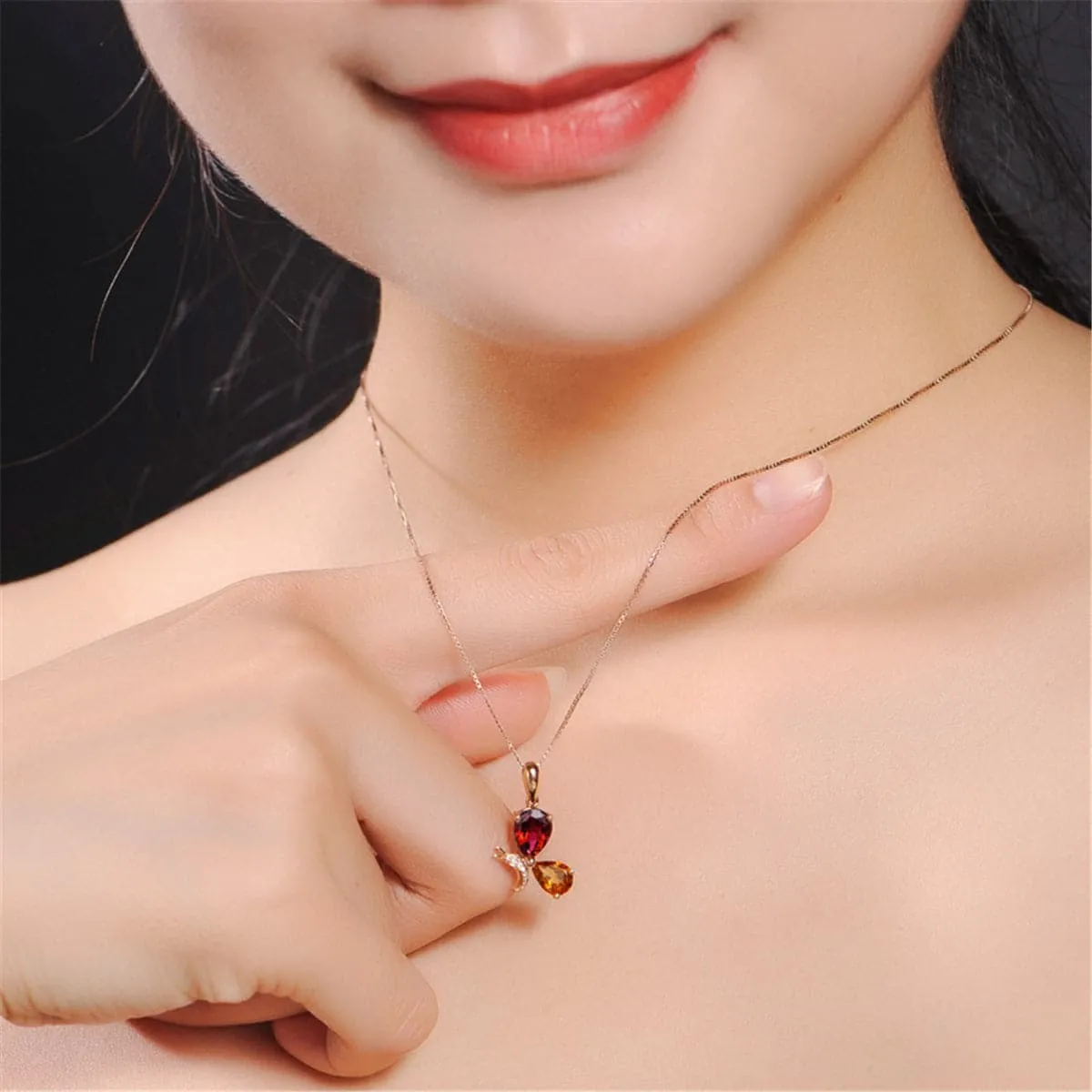 Red Crystal & Cubic Zirconia Pear-Cut Butterfly Pendant Necklace