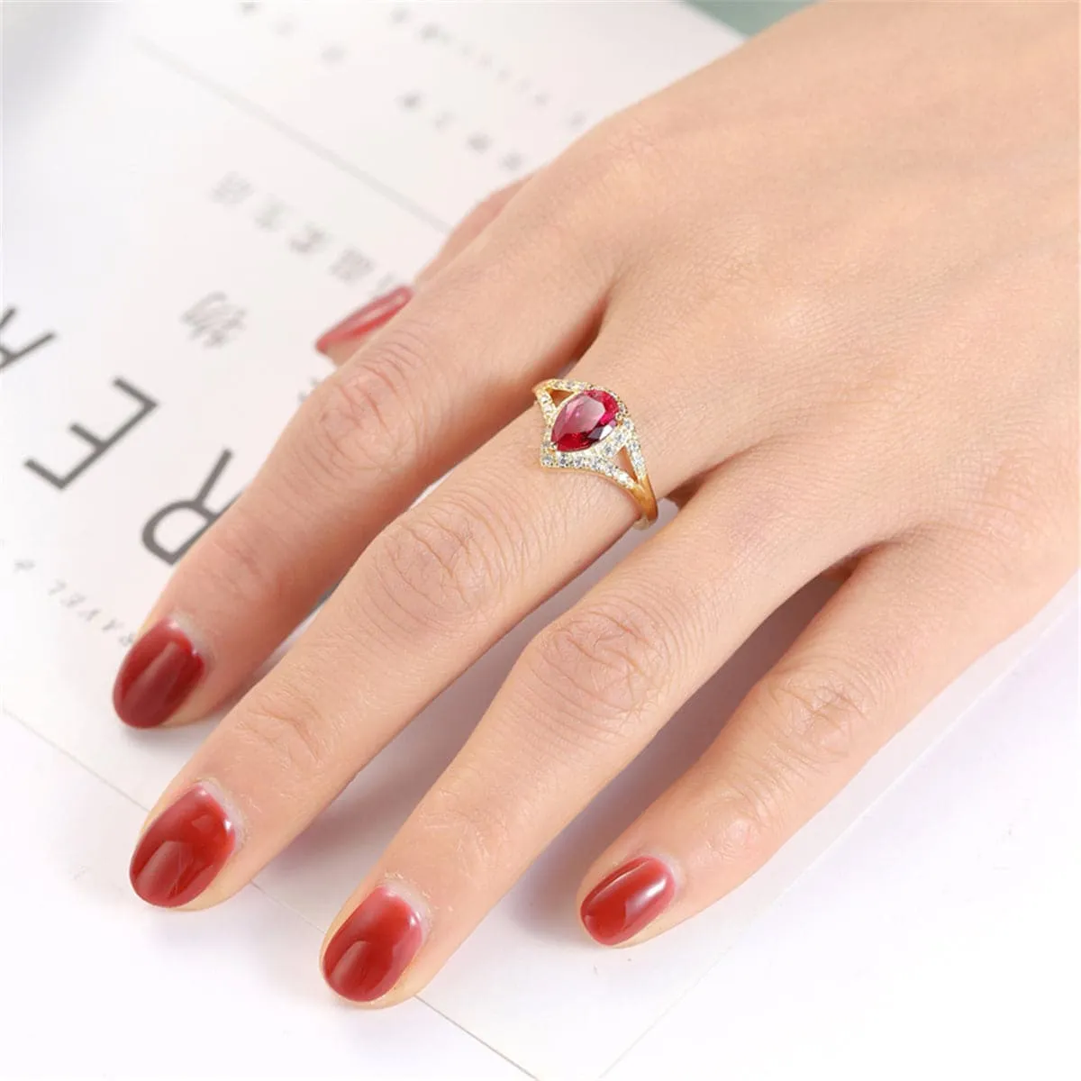 Red Crystal & Cubic Zirconia Pear-Cut Ring
