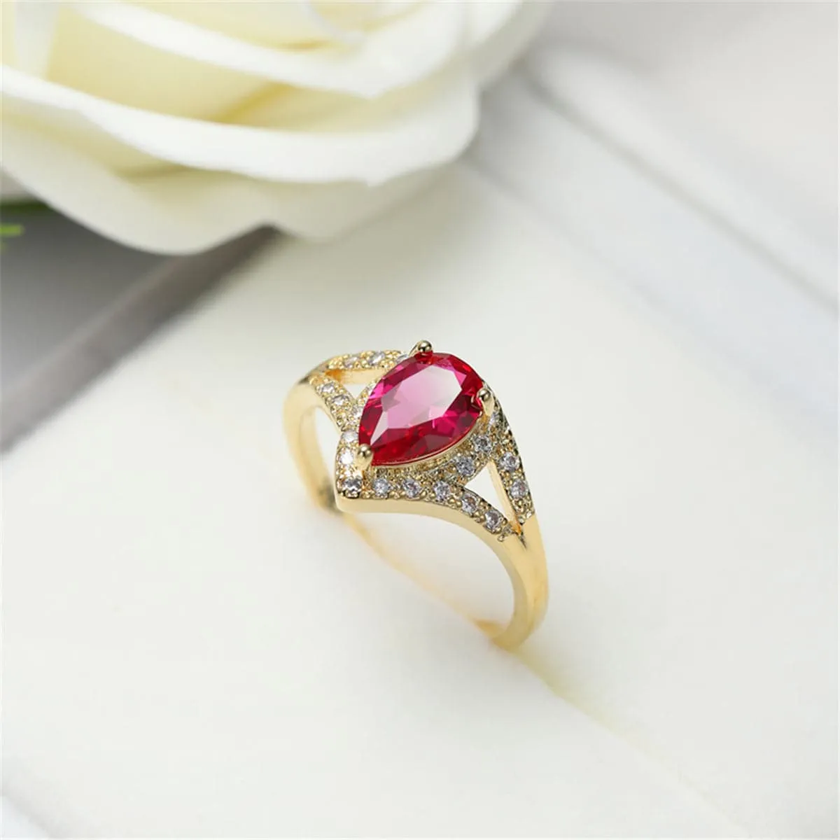 Red Crystal & Cubic Zirconia Pear-Cut Ring
