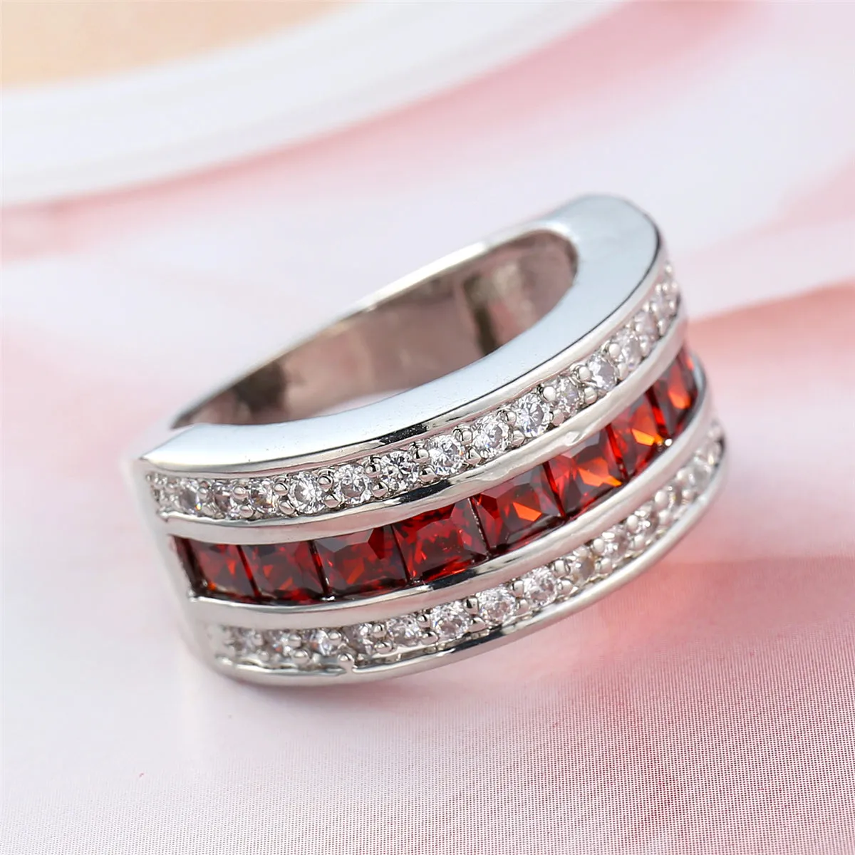 Red Crystal & Silver-Plated Invisible Ring