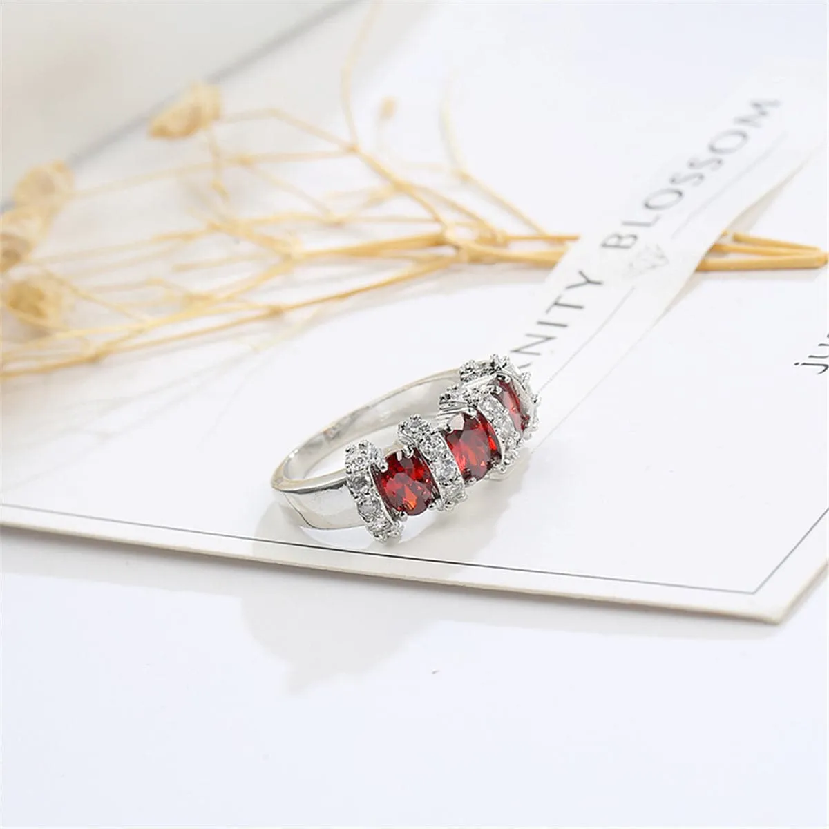 Red Crystal & Silver-Plated Ring