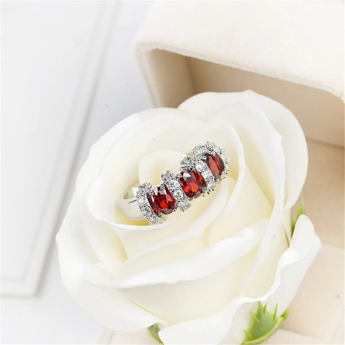Red Crystal & Silver-Plated Ring