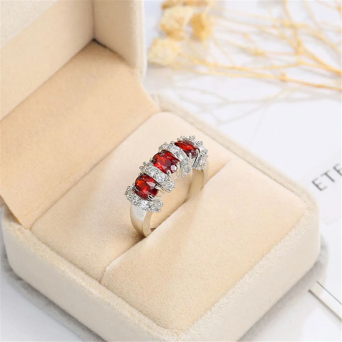 Red Crystal & Silver-Plated Ring