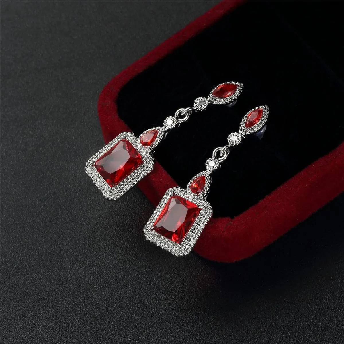 Red Crystal & Silver-Plated Square Drop Earrings