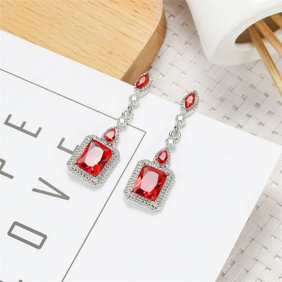 Red Crystal & Silver-Plated Square Drop Earrings