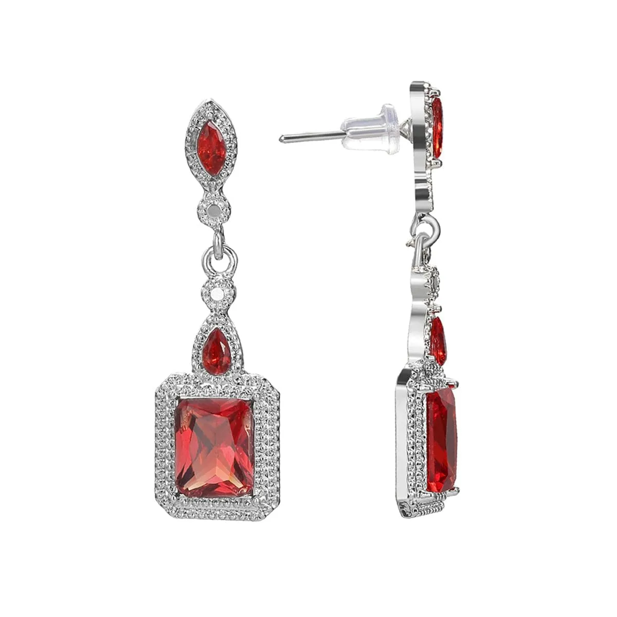 Red Crystal & Silver-Plated Square Drop Earrings