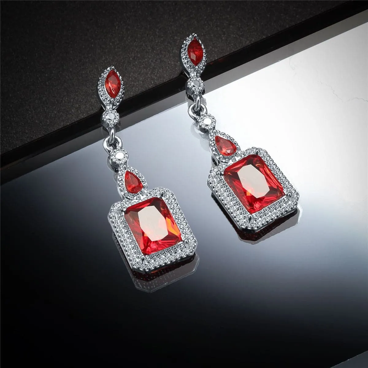 Red Crystal & Silver-Plated Square Drop Earrings