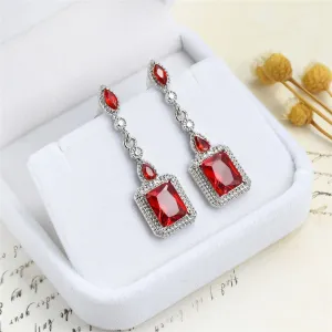 Red Crystal & Silver-Plated Square Drop Earrings