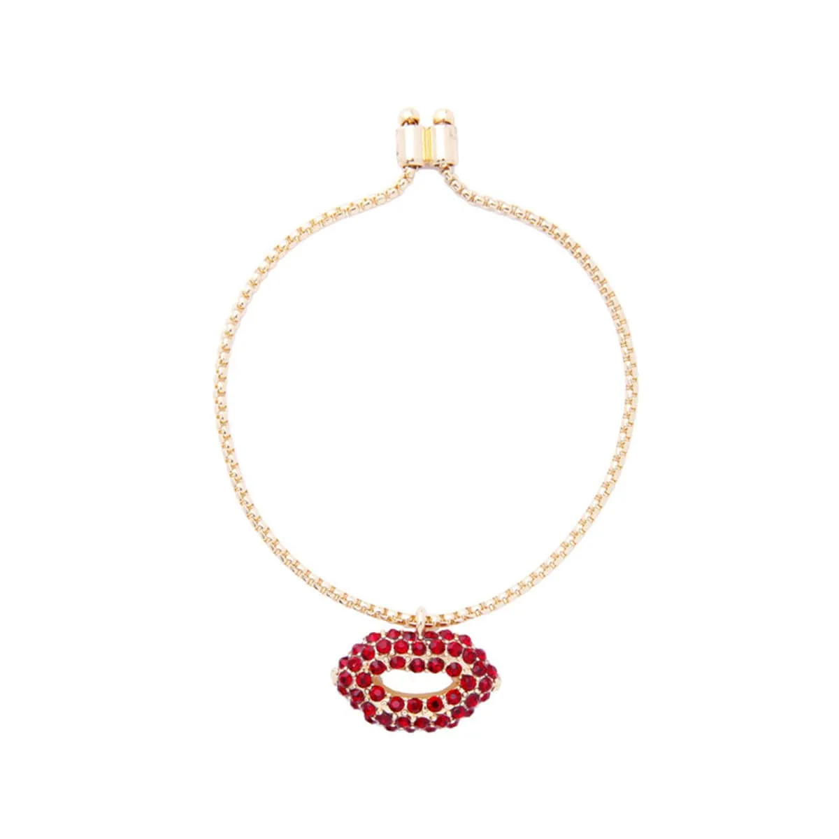 Red Cubic Zirconia & 18K Gold-Plated Lips Pendant Adjustable Bracelet