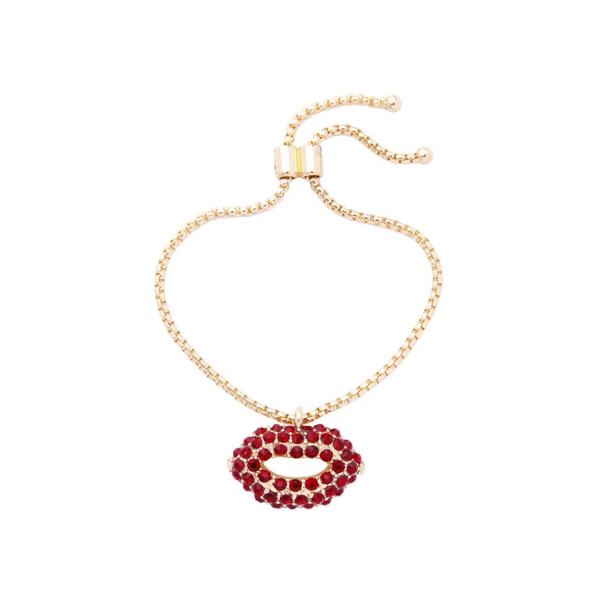 Red Cubic Zirconia & 18K Gold-Plated Lips Pendant Adjustable Bracelet